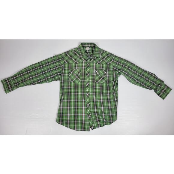 Wrangler Wrancher Mens Large Western Pearl Snap Green Plaid Tartan Long‎ Sleeve - Picture 1 of 7